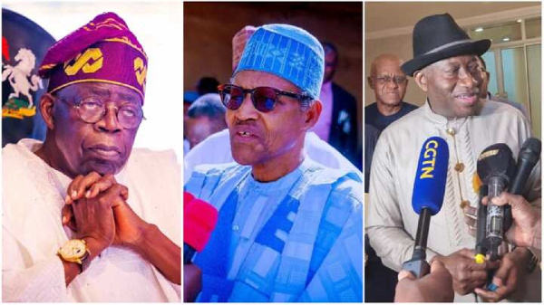 L-R: President Bola Tinubu, Former President Muhammadu Buhari, Former President Goodluck Jonathan