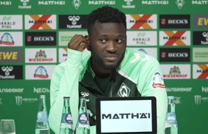Victor Boniface at his first press conference as a Werder Bremen player