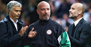 L-R: Jose Mourinho, Eric Chelle, Pep Guardiola