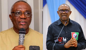 A photo collage of Bayo Onanuga and Peter Obi