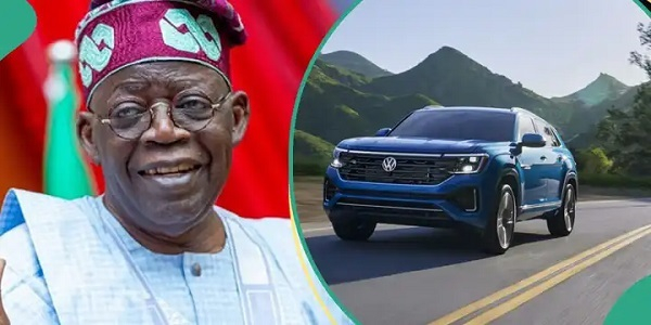 Picture collage of President Bola Tinubu and Volkswagen