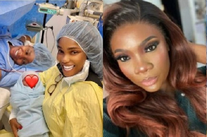 L-R: Iyabo Ojo in the delivery room with her grandson and mother( R) Netizen