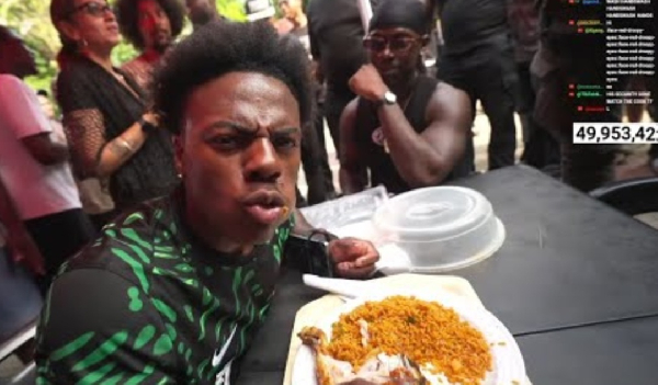 American streamer and YouTuber eating jollof