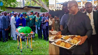 Tinubu at Buhari's funeral and Obi serving food at a party