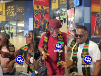 The actors being welcomed at the Accra International airport