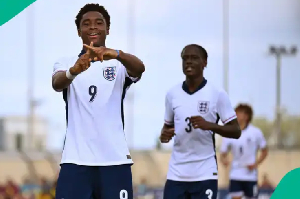 Chizaram Ezenwata celebrates after scoring for England U17 against Malta