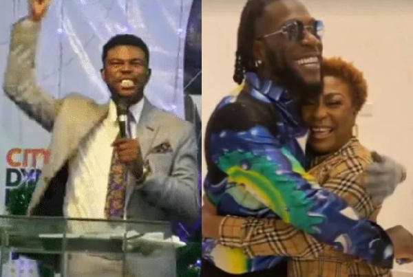 A collage of Prophet King and Burna Boy with his mother, manager, Bose