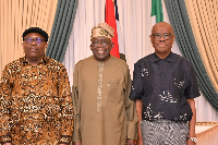 A photo collage of Governor Sim Fubara, President Bola Tinubu and FCT Minister, Nyesom Wike