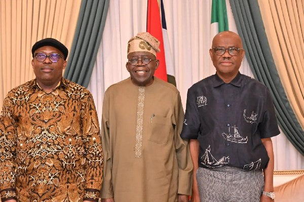 A photo collage of Governor Sim Fubara, President Bola Tinubu and FCT Minister, Nyesom Wike