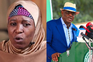 A photo collage of Aisha Yesufu and FCT Minister, Nyesom Wike