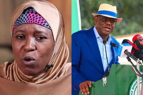 A photo collage of Aisha Yesufu and FCT Minister, Nyesom Wike